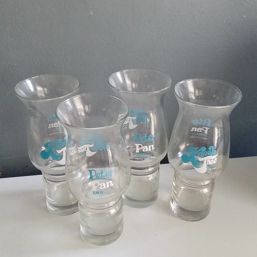 Vintage 1976 Peter Pan Inn Kapok Tree Inn‎ Hurricane Cocktail Glasses Set of 4